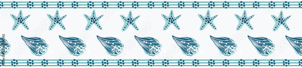 Coastal, nautical starfish seamless border. Turquoise pinstripes, shells and sea stars on a white background. Seamless vector design with clean look for vacation, beach wedding, resort and spa ideas.