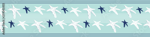 Coastal, nautical starfish seamless border. White pinstripes and sea stars on a turquoise background. Seamless vector design with fresh clean look for vacation, beach wedding, resort and spa ideas.