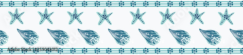 Coastal, nautical starfish seamless border. Turquoise pinstripes, shells and sea stars on a white background. Seamless vector design with clean look for vacation, beach wedding, resort and spa ideas.