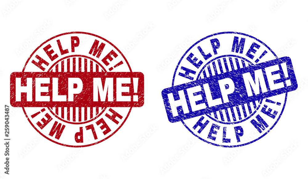 Grunge HELP ME! round stamp seals isolated on a white background. Round seals with distress texture in red and blue colors. Vector rubber imprint of HELP ME! tag inside circle form with stripes. Grunge HELP ME! round stamp seals isolated on a white background. Round seals with distress texture in red and blue colors. Vector rubber imprint of HELP ME! tag inside circle form with stripes.