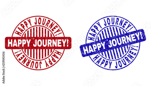 Grunge HAPPY JOURNEY! round stamp seals isolated on a white background. Round seals with grunge texture in red and blue colors.
