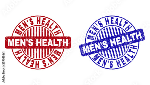 Grunge MEN'S HEALTH round stamp seals isolated on a white background. Round seals with grunge texture in red and blue colors. Vector rubber imprint of MEN'S HEALTH tag inside circle form with stripes.