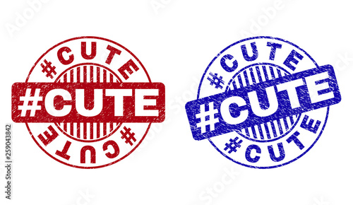 Grunge #CUTE round stamp seals isolated on a white background. Round seals with distress texture in red and blue colors. Vector rubber imprint of #CUTE text inside circle form with stripes.