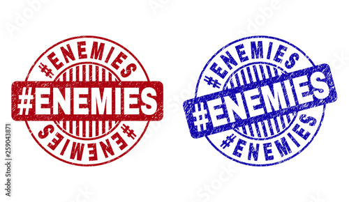 Grunge #ENEMIES round stamp seals isolated on a white background. Round seals with grunge texture in red and blue colors. Vector rubber imitation of #ENEMIES caption inside circle form with stripes.