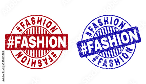 Grunge #FASHION round stamp seals isolated on a white background. Round seals with grunge texture in red and blue colors. Vector rubber imprint of #FASHION title inside circle form with stripes.