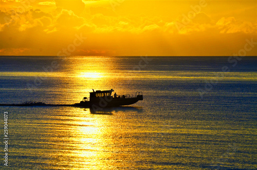 Sunset Traveling Motor Boat Silhouette 
