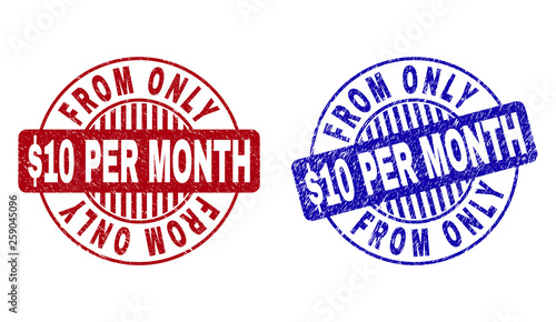 Grunge FROM ONLY $10 PER MONTH round stamp seals isolated on a white background. Round seals with grunge texture in red and blue colors.