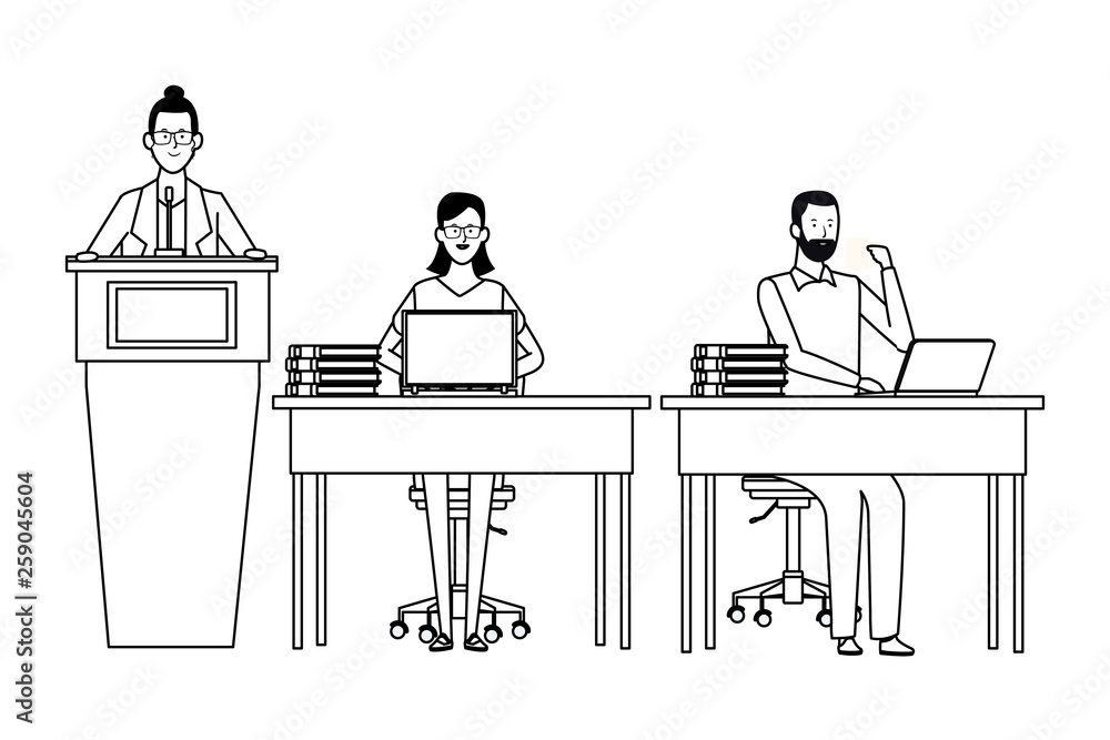 people in podium and desk black and white