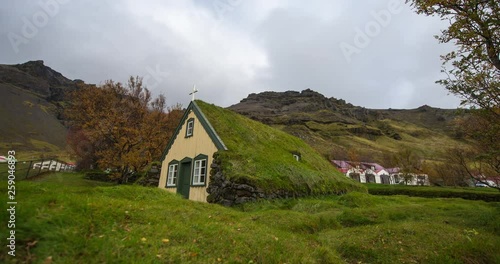 Timelapse of Hofskirkja traditional church on a cloudy day