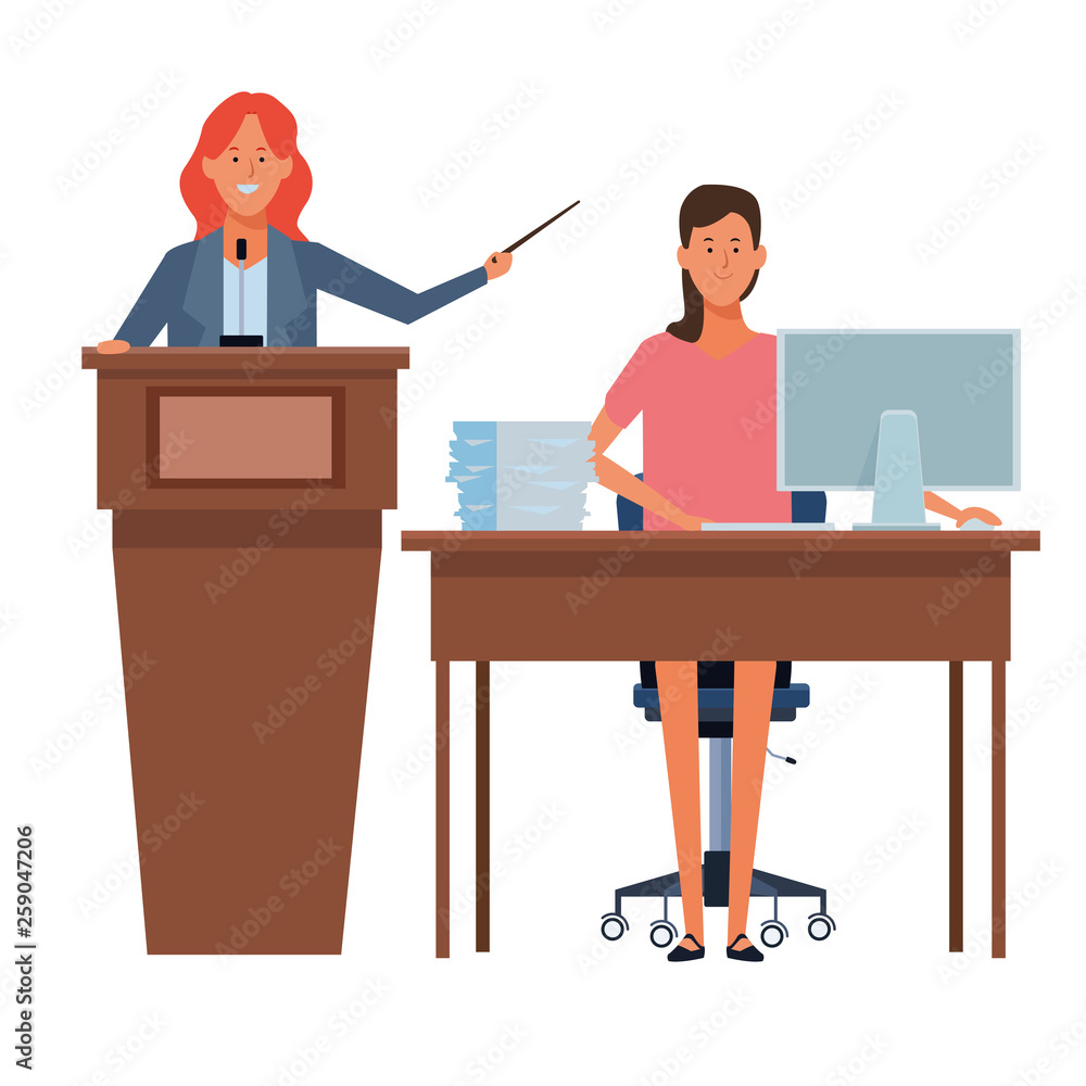 women in a podium and office desk women in a podium and office desk