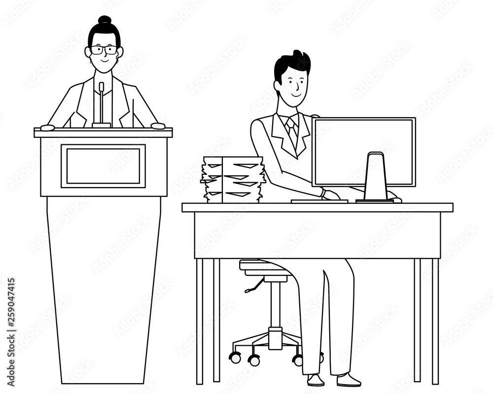 couple in a podium and office desk black and white