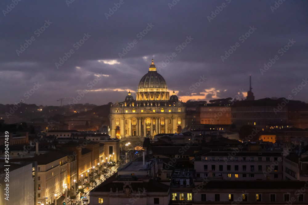 Aerial night view of St. Peter's Basilica, Rome, Italy