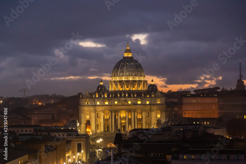 Aerial night view of St. Peter's Basilica, Rome, Italy