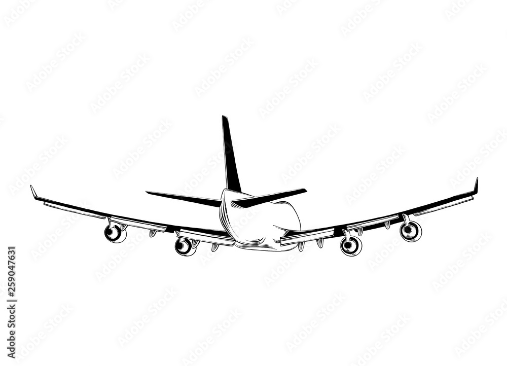 Hand drawn sketch of aircraft in black isolated on white background. Detailed vintage style drawing. Illustration for posters and print Hand drawn sketch of aircraft in black isolated on white background. Detailed vintage style drawing. Illustration for posters and print