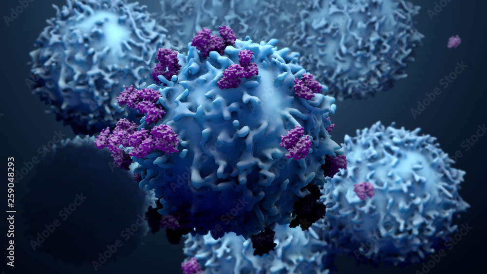 3d illustration proteins with lymphocytes , t cells or cancer cells - obrazy, fototapety, plakaty 