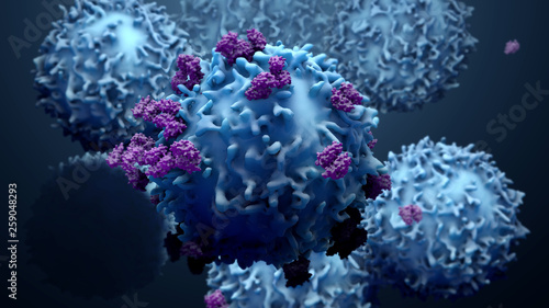 3d illustration proteins with lymphocytes , t cells or cancer cells photo
