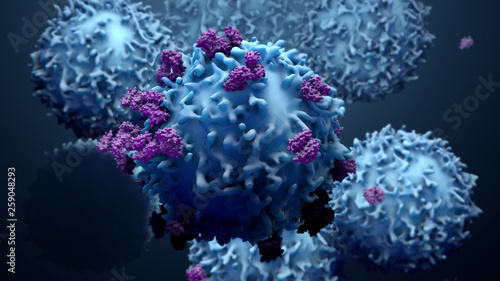 3d illustration proteins with lymphocytes , t cells or cancer cells