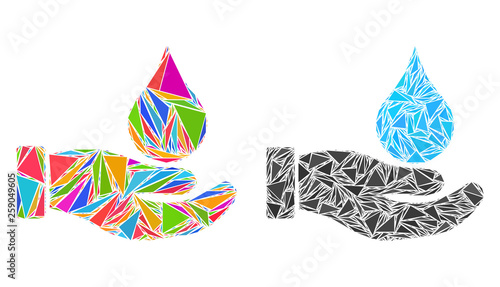 Triangle mosaic Water offer hand icons united from triangle items in different sizes, positions and proportions. Vector triangular polygons are arranged into abstract mosaic water offer hand icons,