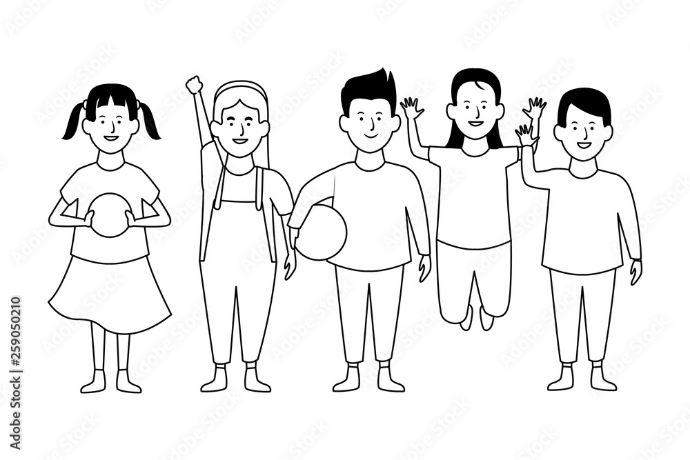 Two kids smiling cartoons in black and white Two kids smiling cartoons in black and white