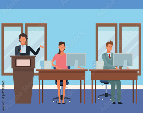 people in podium and desk
