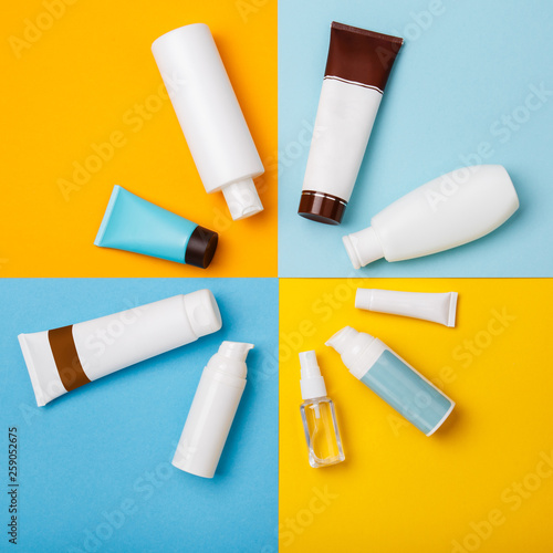 summer skin care cosmetics on yellow and blue background. White bottles of woman cosmetics on yellow. Summer holidays or vacation. Preparation for summer care. Sunscreen protection products. Sun form