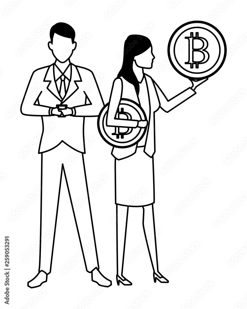 Business people with bitcoins in black and white Business people with bitcoins in black and white