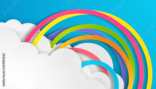Illustration of design a rainbow on the sky in paper craft style. paper art design for clouds and rainbow in rain season. paper cut and craft design. vector, illustration. photo