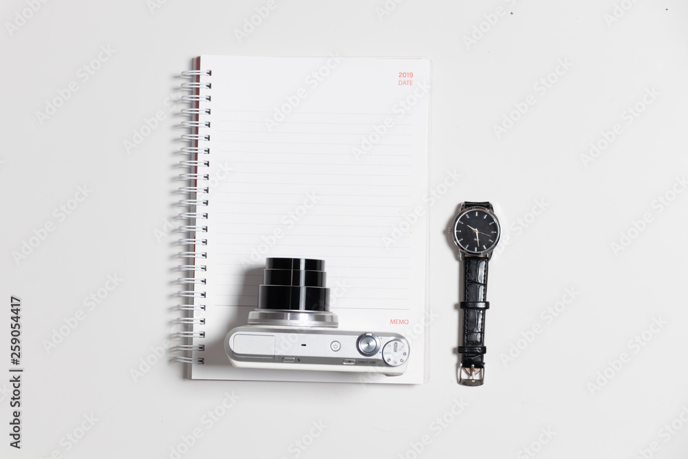 top view not book camera watch on flat lay top view not book camera watch on flat lay
