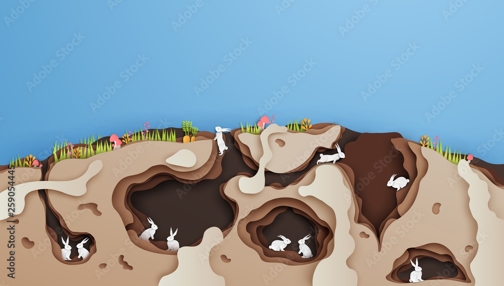 Illustration of rabbits and family living in the hollow of underground house. cross section of rabbit house in paper art style. paper cut and craft style. vector, illustration.
