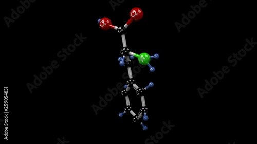 Phenylalanine molecule. Molecular structure of L-phenylalanine, essential amino acid important in the structure and function of proteins and enzymes. Alpha channel. photo