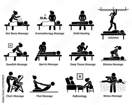 Type of massages and therapies. Artworks depict hot stone massage, aromatherapy, Reiki healing, ashiatsu, Swedish, sport massage, deep tissue, Shiatsu, chair, Thai massage,foot reflexology, and Watsu.
