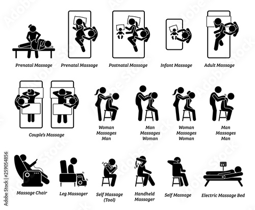 Human masseur and massage equipments. Artworks depict massage for prenatal, postnatal, infant, adult, and couple. Equipment and massage tools include chair, leg, handheld tool, and bed.
