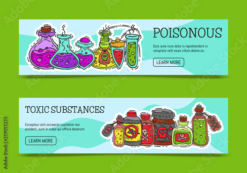 Poisonous chemicals and toxic substances banners vector illustration. Different containers for liquids oil, biofuel, explosive, chemical, radioactive, flammable and poisonous liquids.