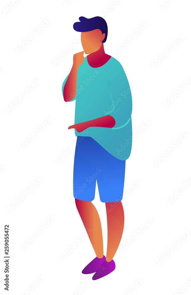Confused young businessman with thinking gesture pointing with finger, tiny people isometric 3D illustration