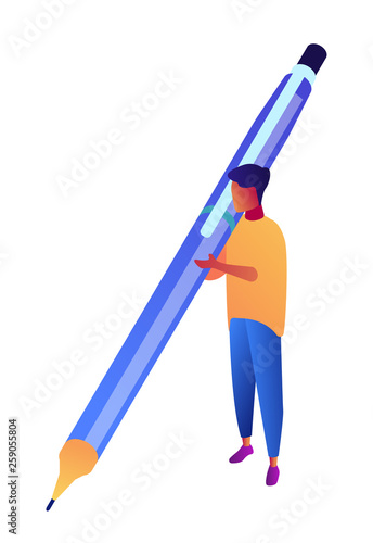 Businessman holding big pen and writing, tiny people isometric 3D illustration