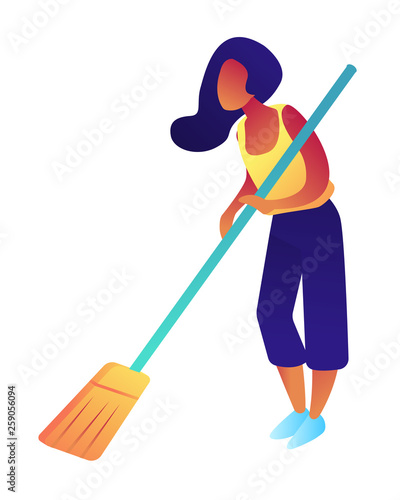 Woman holding a broom and sweeping the floor, tiny people isometric 3D illustration. Housewife cleaning the floor, housekeeping, cleaning service and equipment concept. Isolated on white background.