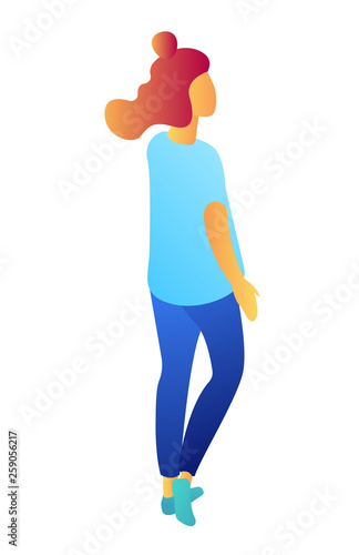Young businesswoman from the back standing and looking right, tiny people isometric 3D illustration. Successful manager, female office worker back view concept. Isolated on white background.
