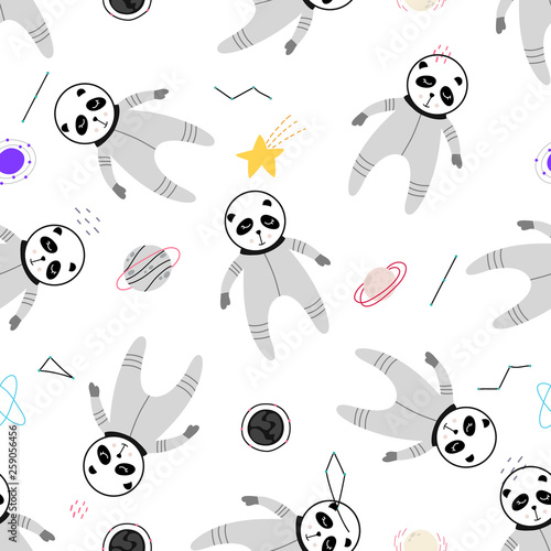 Cute cartoon panda in space seamless pattern background. Vector illustration. Wrapping paper, kids textile, background fill .