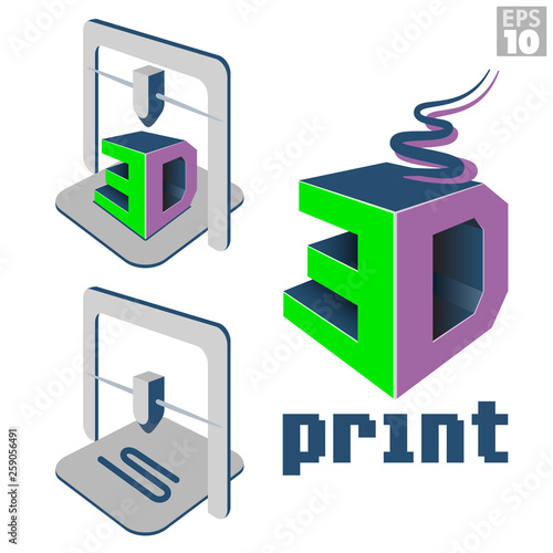 3D print logo with melted filament and 3d printer machine with printed designs.