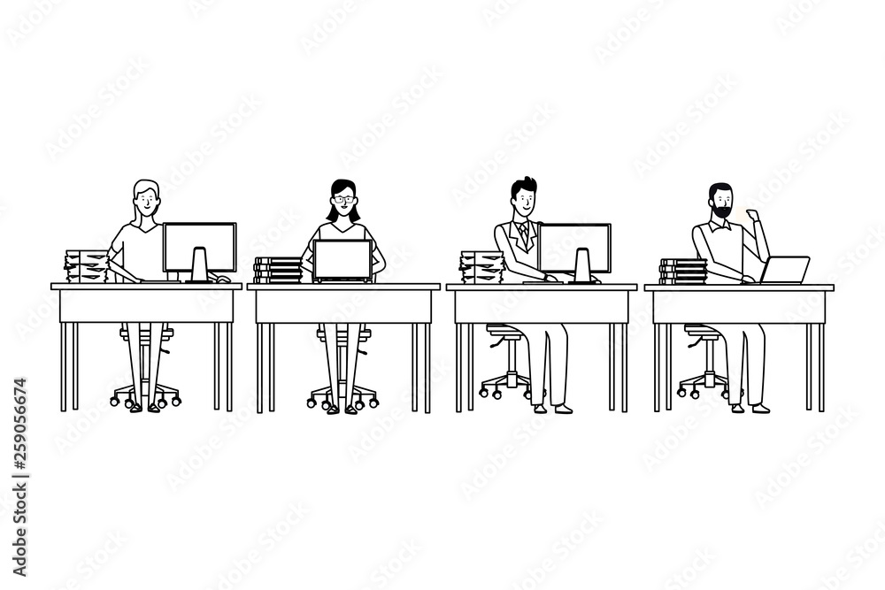 people in office desk black and white people in office desk black and white