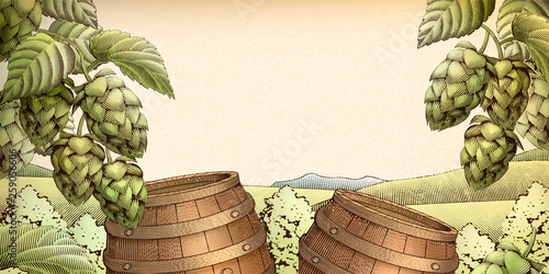Retro barrel and hops background