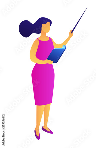 Female teacher giving a lesson and holding a book and a pointer, tiny people isometric 3D illustration
