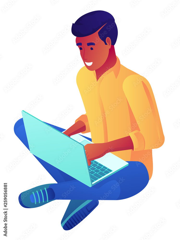 Young businessman sitting cross-legged and working at laptop, tiny people isometric 3D illustration Young businessman sitting cross-legged and working at laptop, tiny people isometric 3D illustration