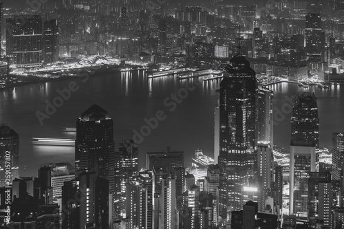 Hong Kong city view from The Peak. Black and white color