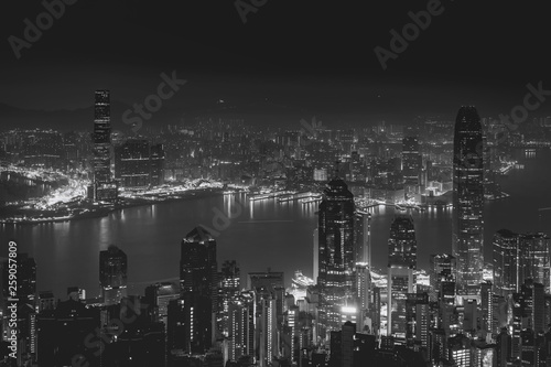 Hong Kong city view from The Peak. Black and white color