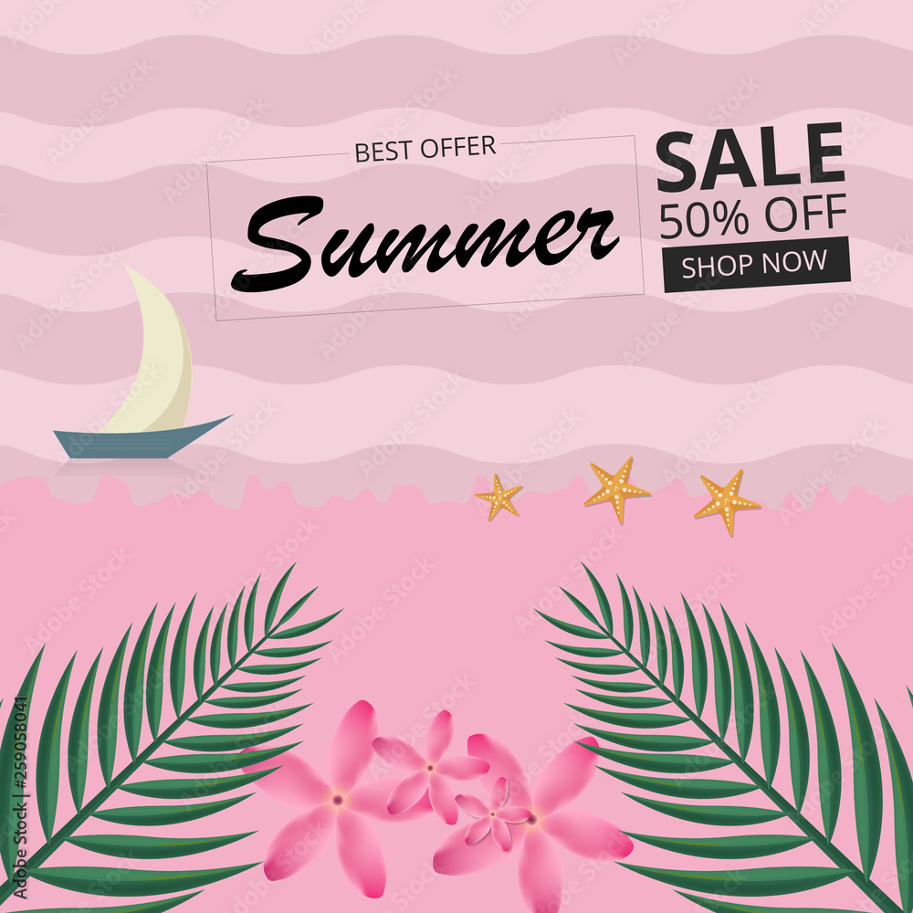 Summer Sale, Tropical Background with leaves, flower and boat