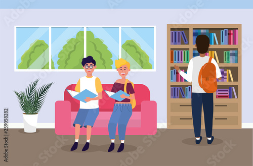 girl and boy in the university library with book