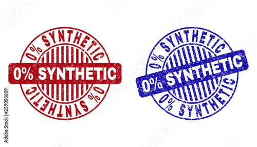 Grunge 0% SYNTHETIC round stamp seals isolated on a white background. Round seals with grunge texture in red and blue colors.