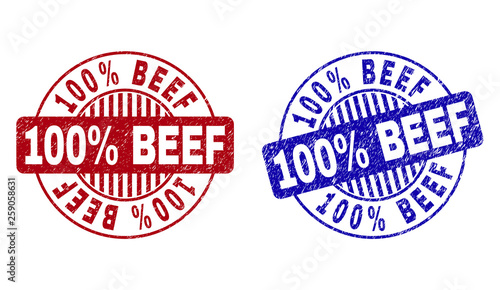 Grunge 100% BEEF round stamp seals isolated on a white background. Round seals with grunge texture in red and blue colors. Vector rubber watermark of 100% BEEF tag inside circle form with stripes.