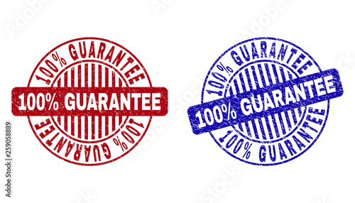 Grunge 100% GUARANTEE round stamp seals isolated on a white background. Round seals with grunge texture in red and blue colors.